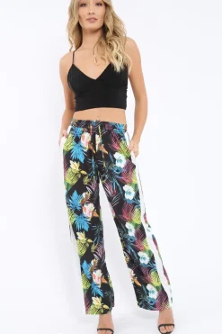 Rebellious Fashion Black Tropical Print Wide Leg Trousers - Ezrie