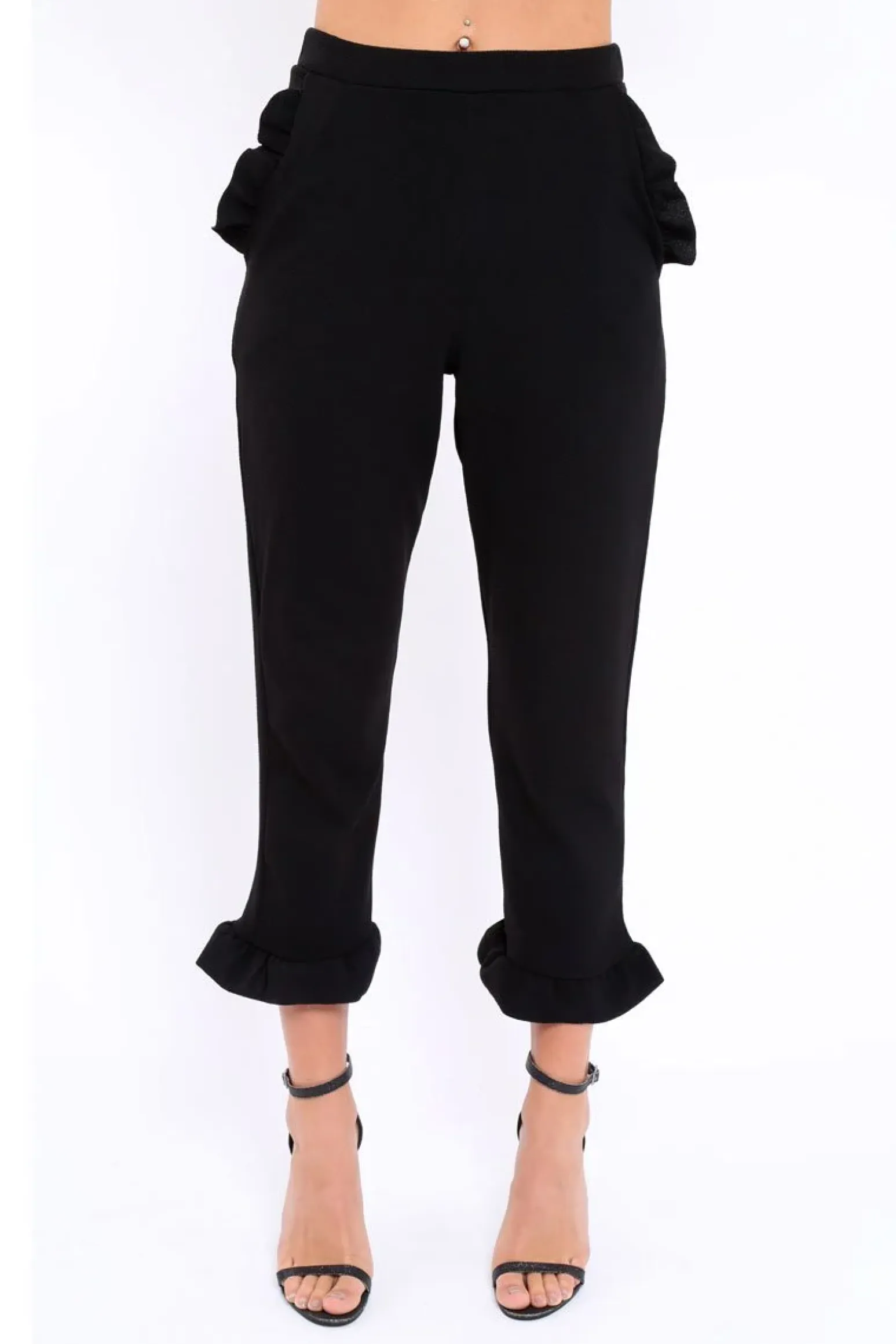 Rebellious Fashion Black Trousers with Frill Detailing - Brayley