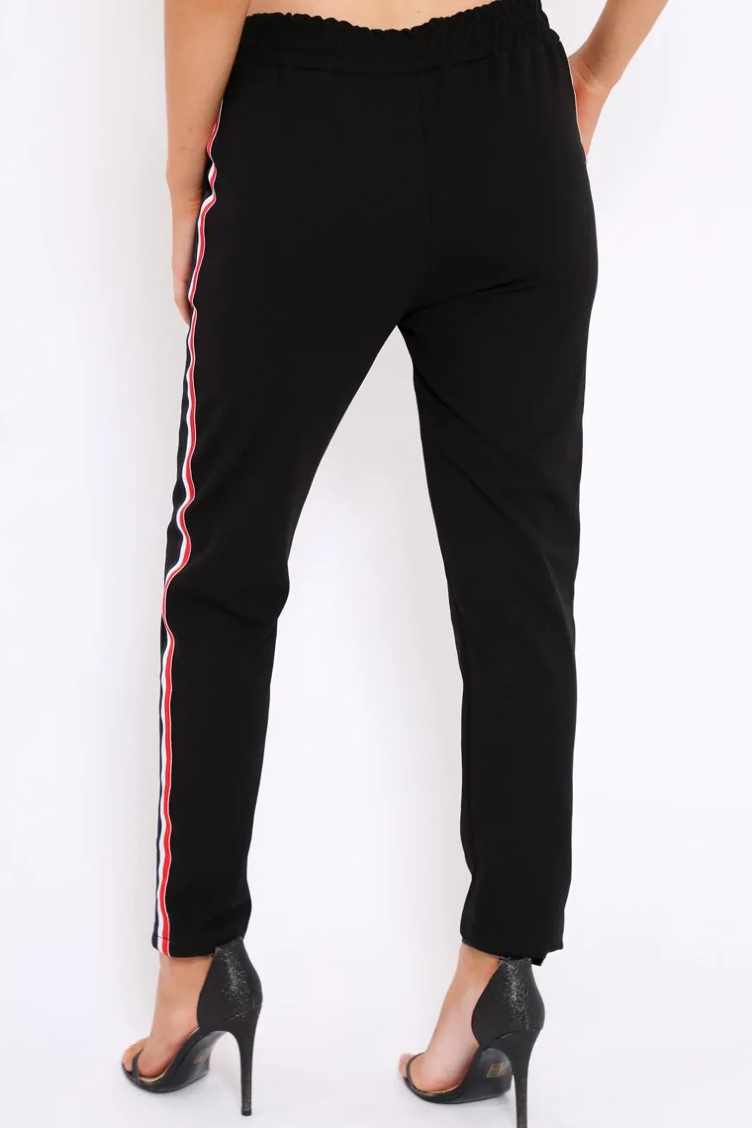 Rebellious Fashion Black Trousers with Red and White Side Stripe - Savanna