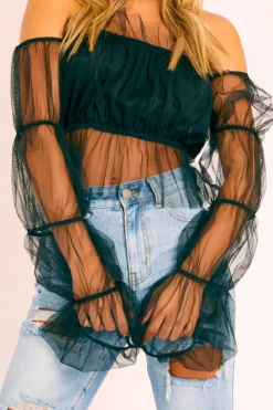 Rebellious Fashion Black Tulle Mesh Bardot Crop Top - Gemini