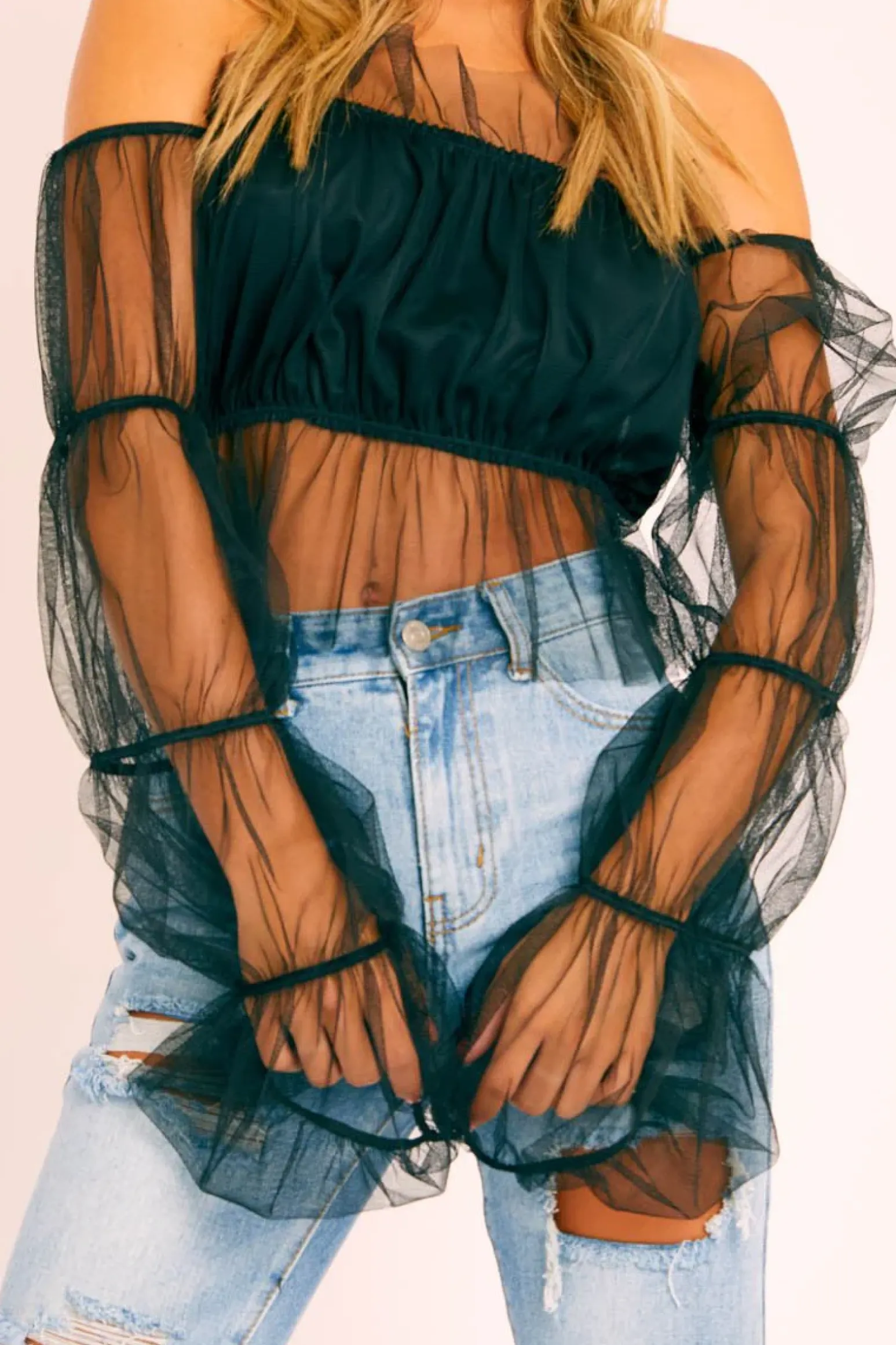 Rebellious Fashion Black Tulle Mesh Bardot Crop Top - Gemini