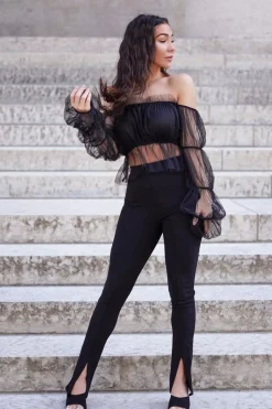 Rebellious Fashion Black Tulle Mesh Bardot Crop Top - Gemini