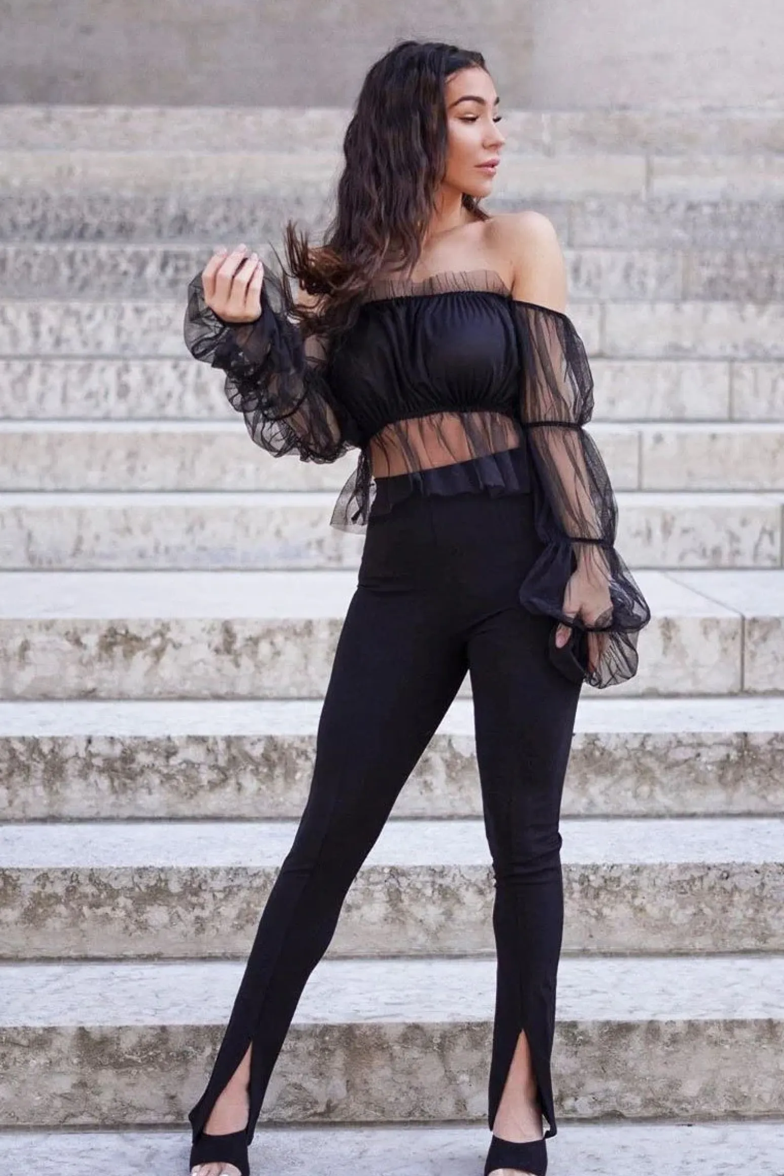 Rebellious Fashion Black Tulle Mesh Bardot Crop Top - Gemini