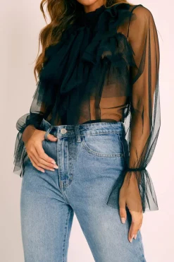Rebellious Fashion Black Tulle Ruffle Tie Detail Shirt - Vanessa