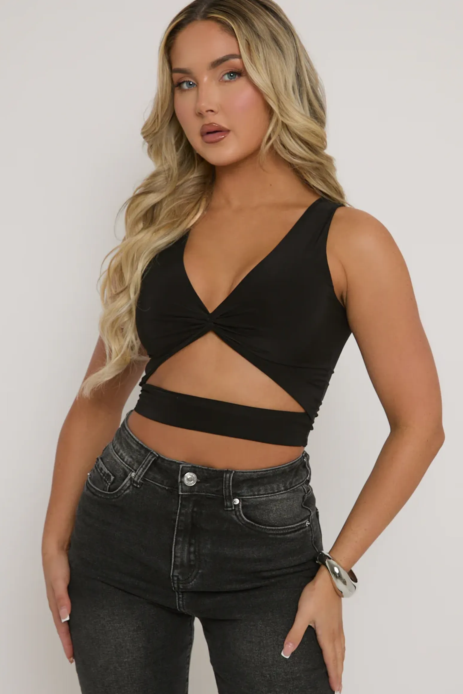 Rebellious Fashion Black Twist Front Cut Out Crop Top - Joyce