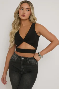Rebellious Fashion Black Twist Front Cut Out Crop Top - Joyce