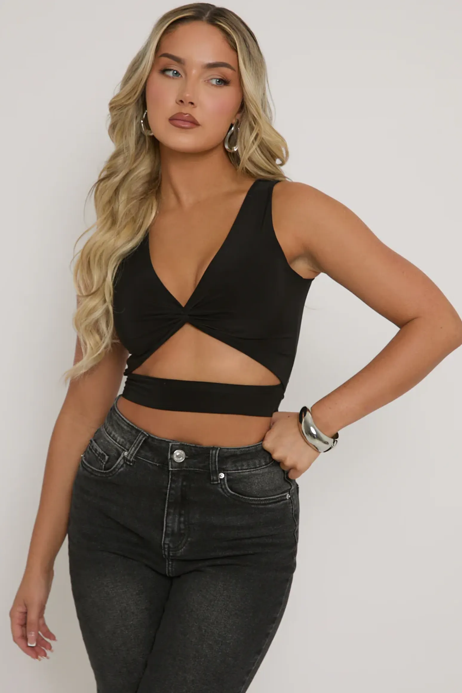 Rebellious Fashion Black Twist Front Cut Out Crop Top - Joyce