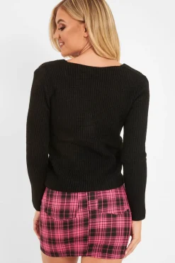 Rebellious Fashion Black Twist Front Knit Jumper - Pollyanna