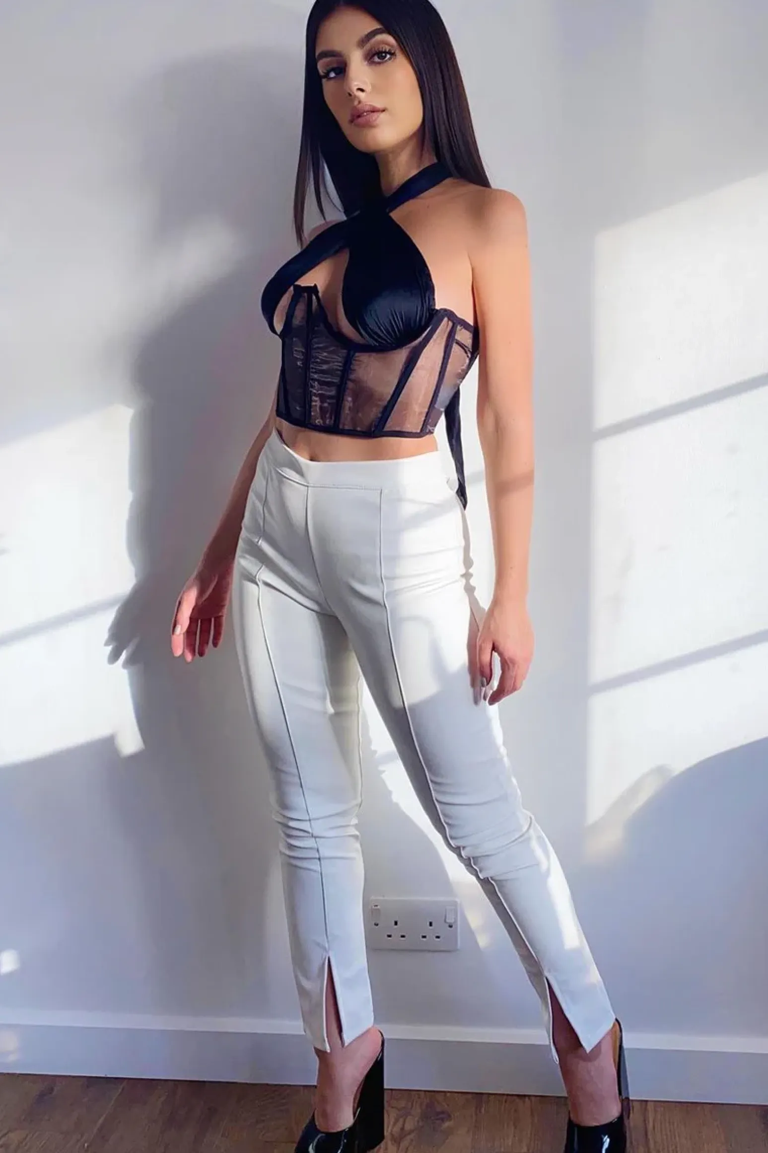 Rebellious Fashion Black Under Boob Halterneck Corset Crop Top - Kass