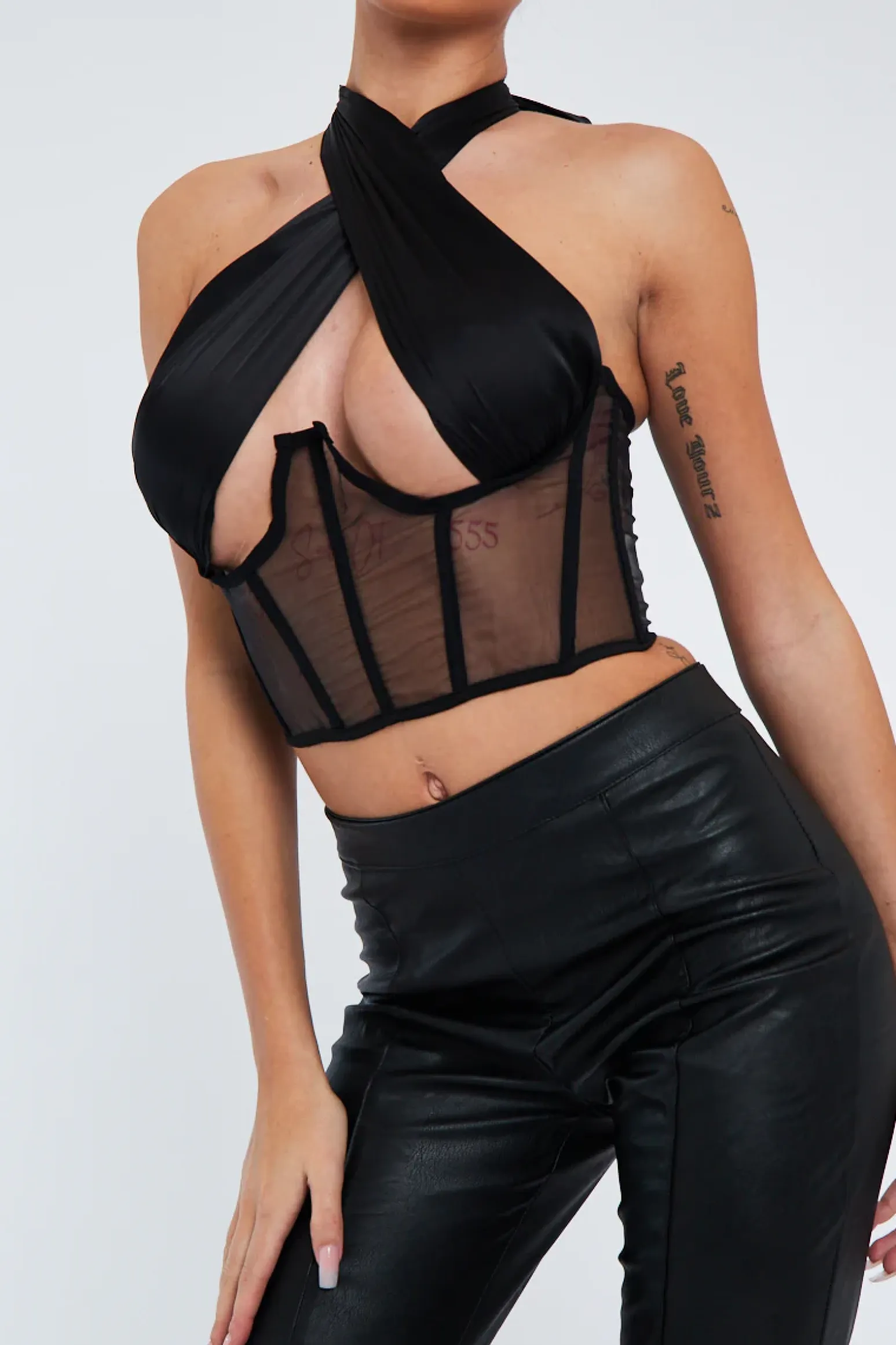 Rebellious Fashion Black Under Boob Halterneck Corset Crop Top - Kass