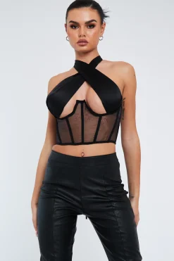 Rebellious Fashion Black Under Boob Halterneck Corset Crop Top - Kass