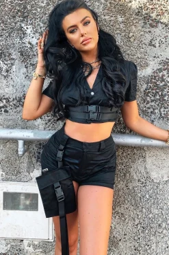 Rebellious Fashion Black Utility Cargo Short and Buckle Crop Shirt Co-ord - Saisha