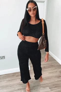 Rebellious Fashion Black Velour Crop Top Wide Leg Trouser Co-Ord - Salina