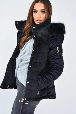 Rebellious Fashion Black Velour Fur Hood Puffer Jacket - Eastlynn