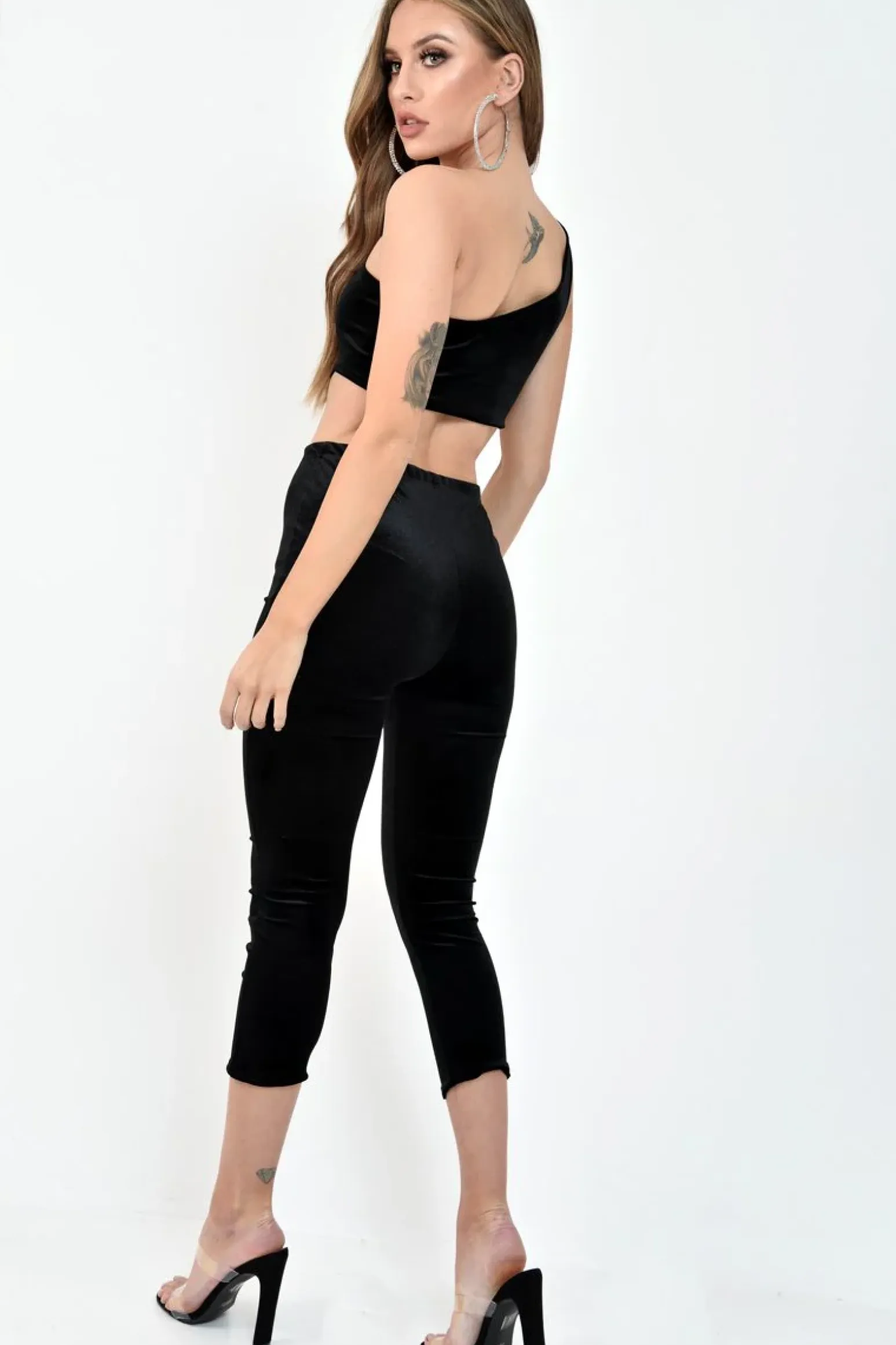 Rebellious Fashion Black Velour One Shouldered Crop Top And Leggings Co-ord - Everlyn