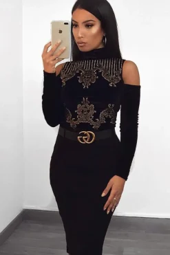 Rebellious Fashion Black Velvet and beaded Cold Shoulder High Neck Bodysuit - Kyndal