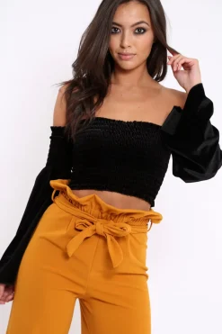 Rebellious Fashion Black Velvet Bardot Shirred Crop Top with Flared Sleeves - Shera