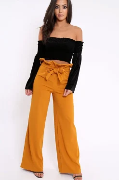 Rebellious Fashion Black Velvet Bardot Shirred Crop Top with Flared Sleeves - Shera