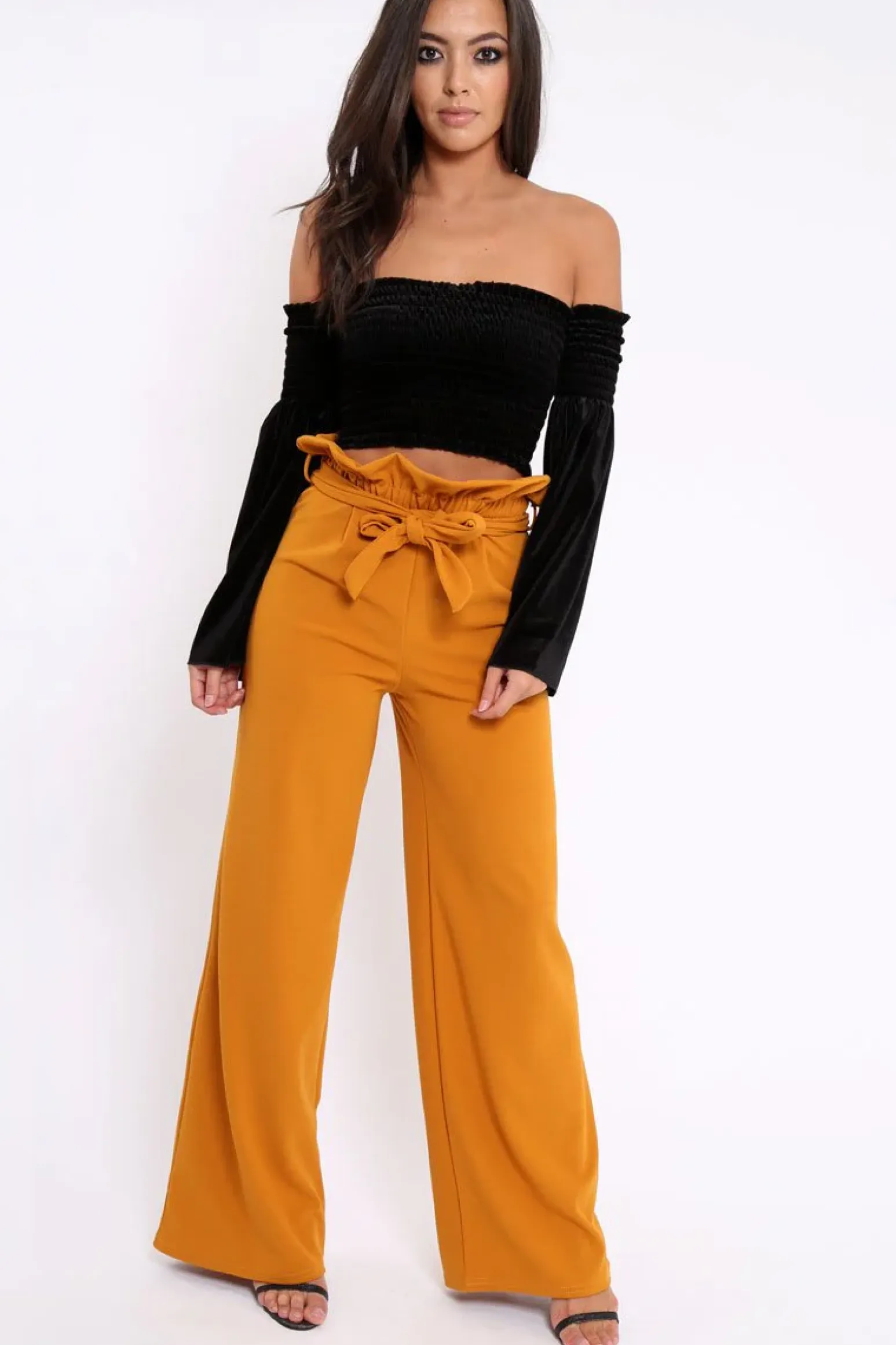 Rebellious Fashion Black Velvet Bardot Shirred Crop Top with Flared Sleeves - Shera