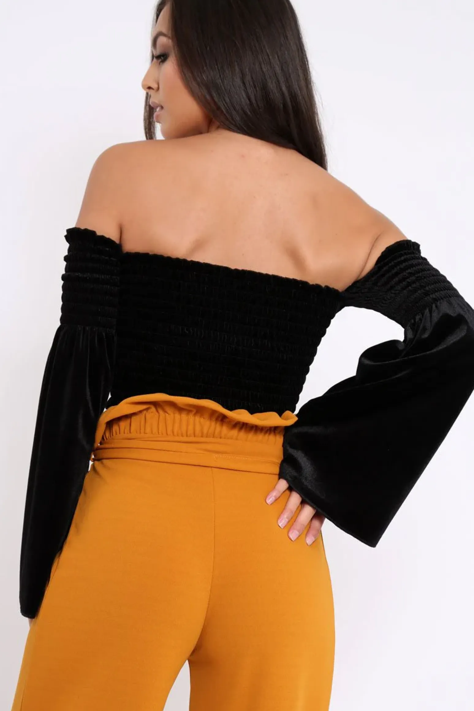 Rebellious Fashion Black Velvet Bardot Shirred Crop Top with Flared Sleeves - Shera