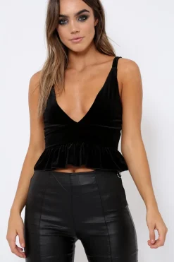 Rebellious Fashion Black Velvet Frill Hem Crop Top - Krissie