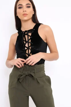 Rebellious Fashion Black Velvet Lace Front Bodysuit - Shona