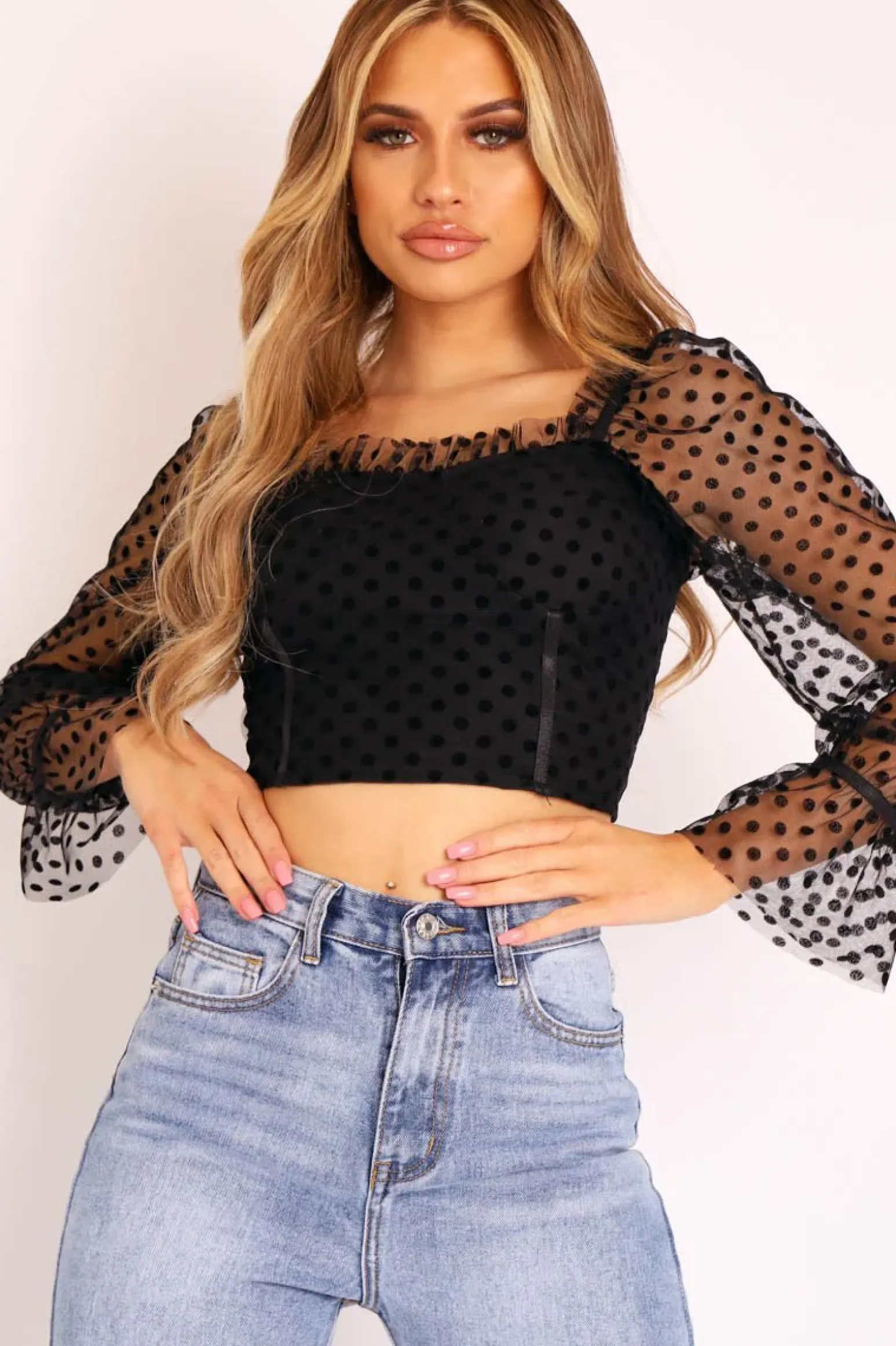 Rebellious Fashion Black Velvet Polka Mesh Corset Style Crop Top - Shia