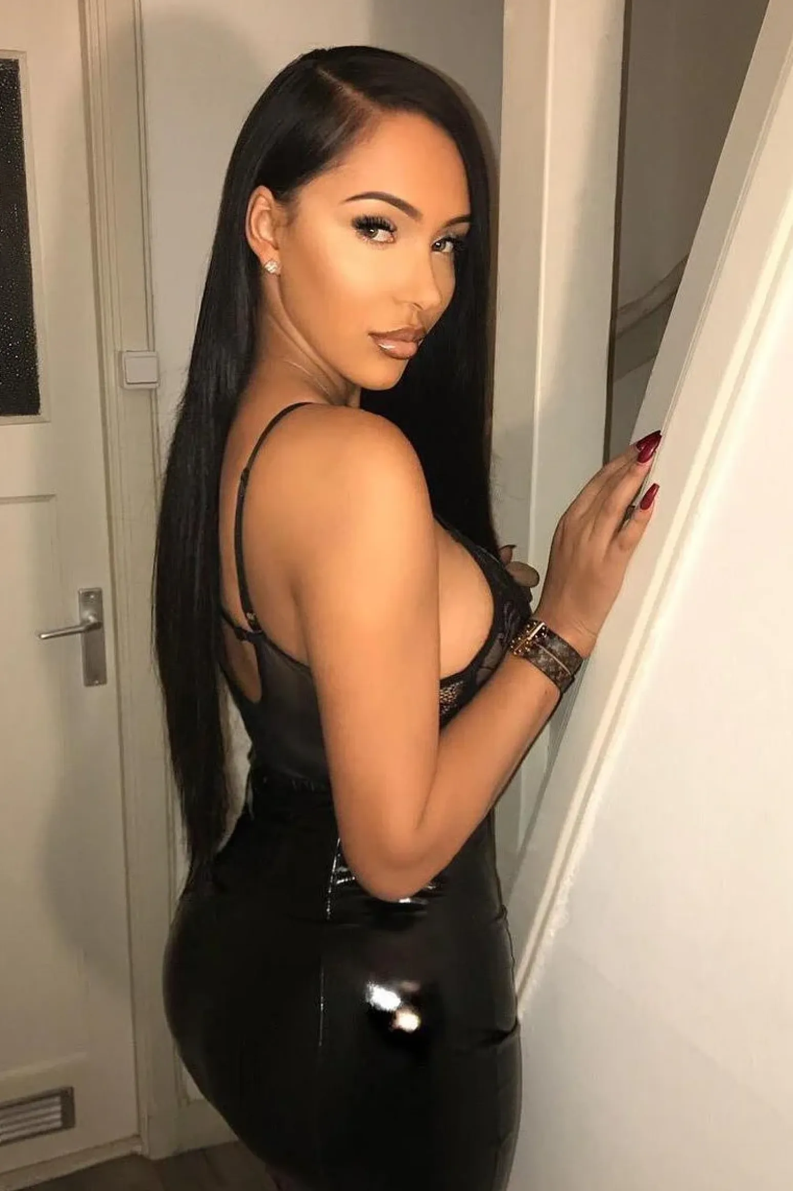 Rebellious Fashion Black Vinyl Bodycon Midi Skirt - Kemani