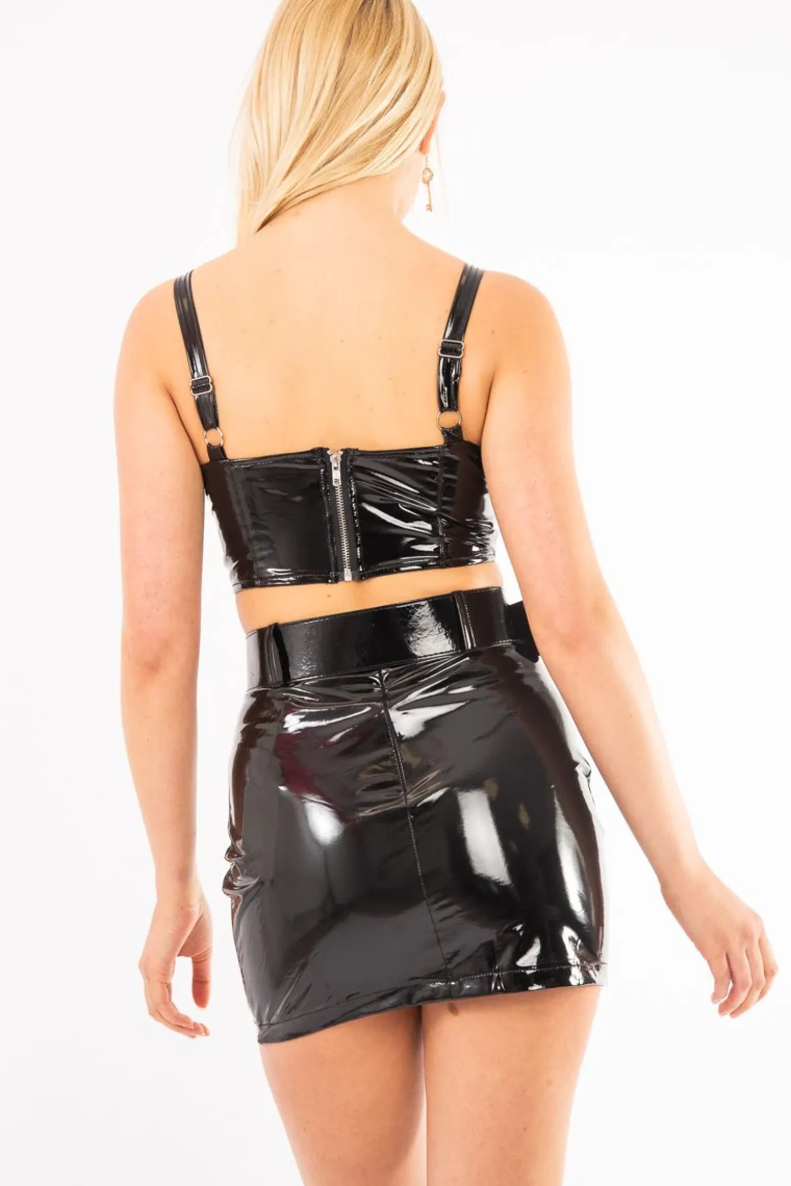 Rebellious Fashion Black Vinyl Bralette Skirt Co-ord - Easton