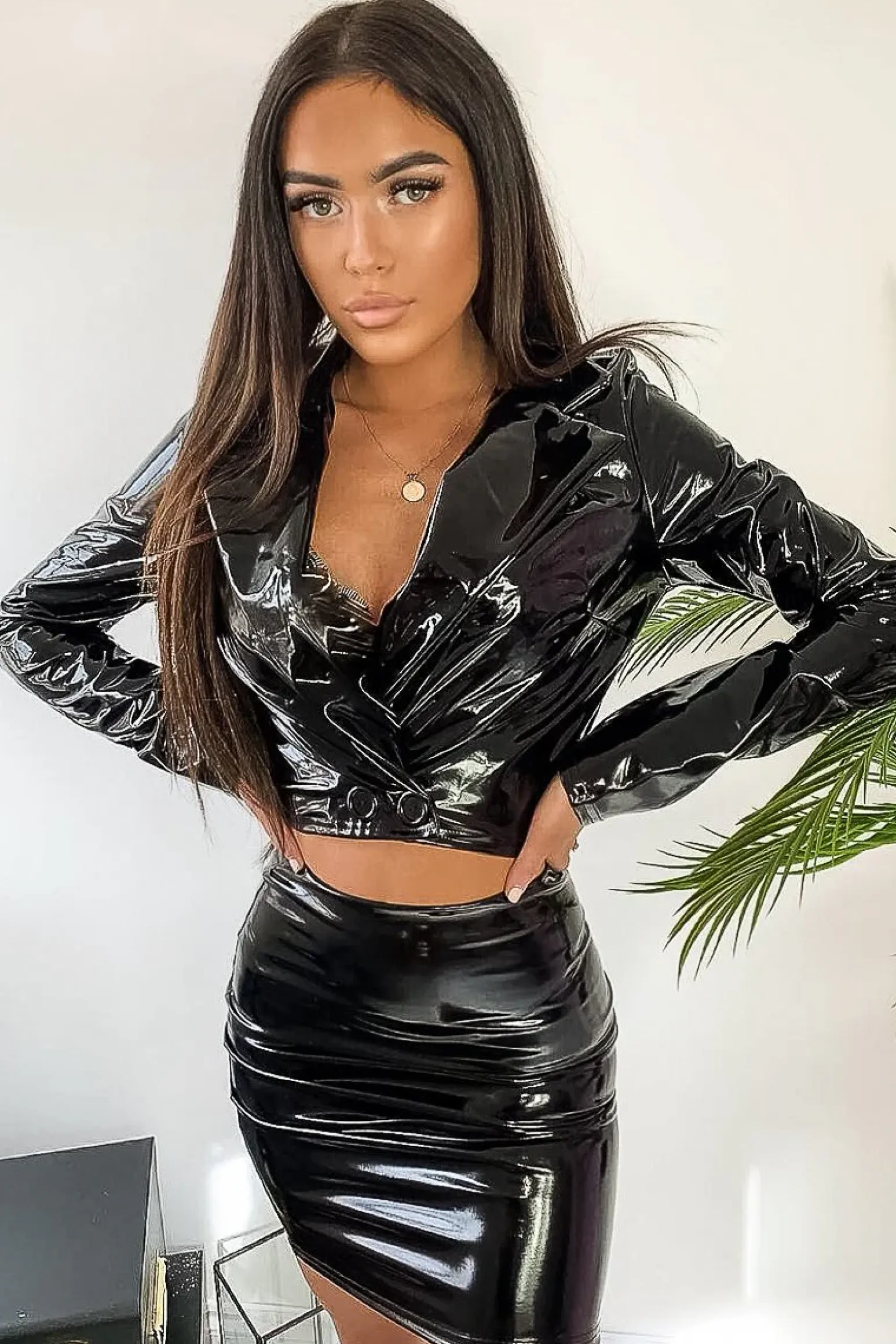Rebellious Fashion Black Vinyl Crop Jacket Mini Skirt Co-Ord - Ivey