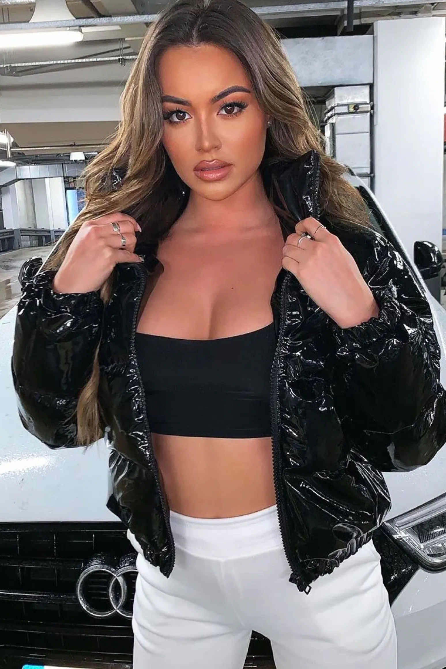 Rebellious Fashion Black Vinyl Cropped Puffer Jacket - Zyonna