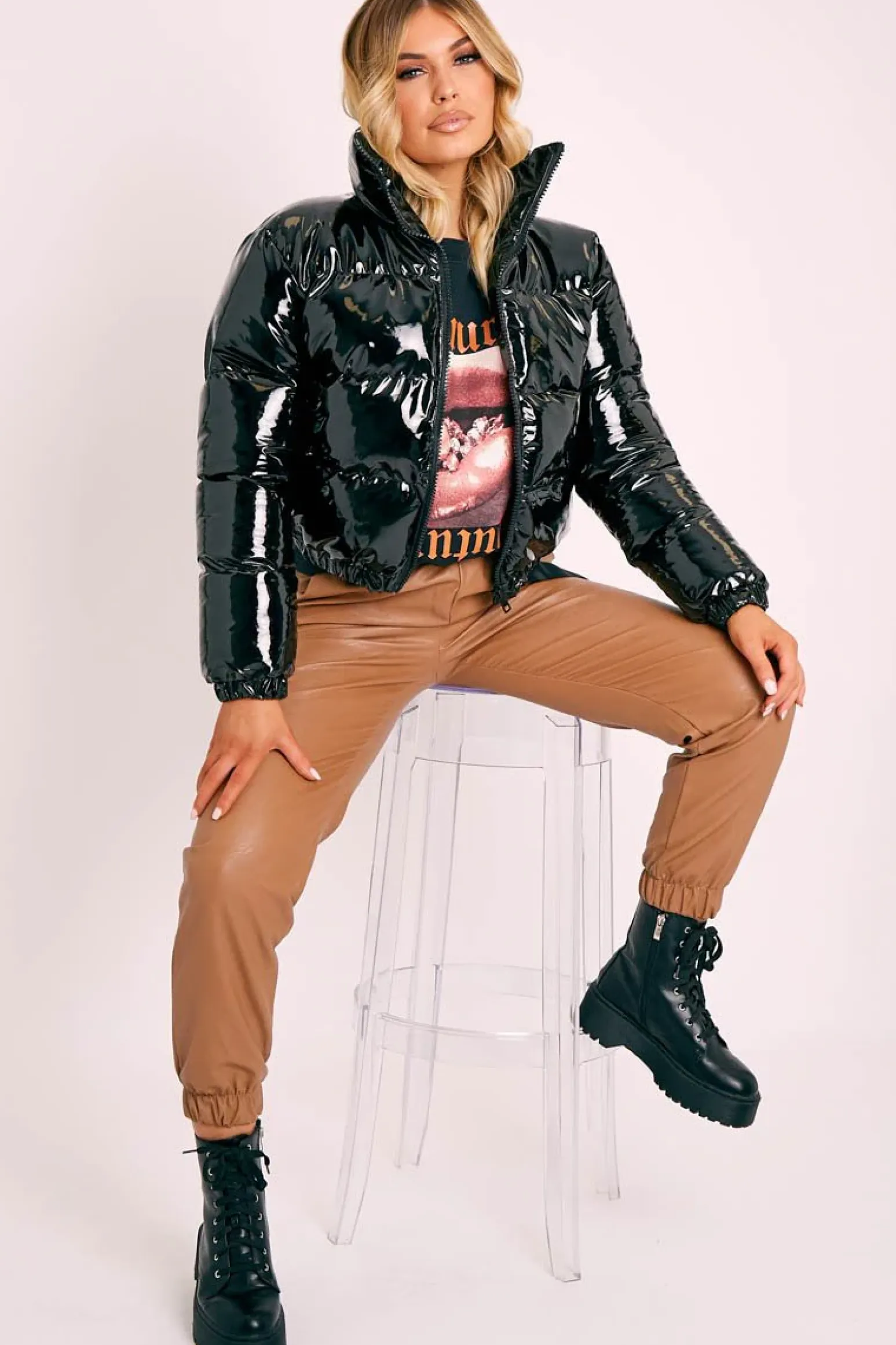 Rebellious Fashion Black Vinyl Cropped Puffer Jacket - Zyonna