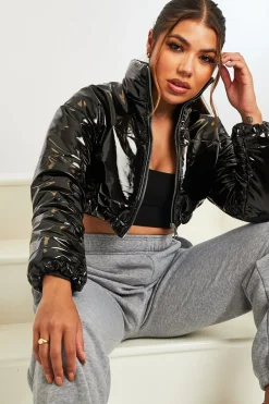 Rebellious Fashion Black Vinyl Extreme Cropped Puffer Coat - Analyn