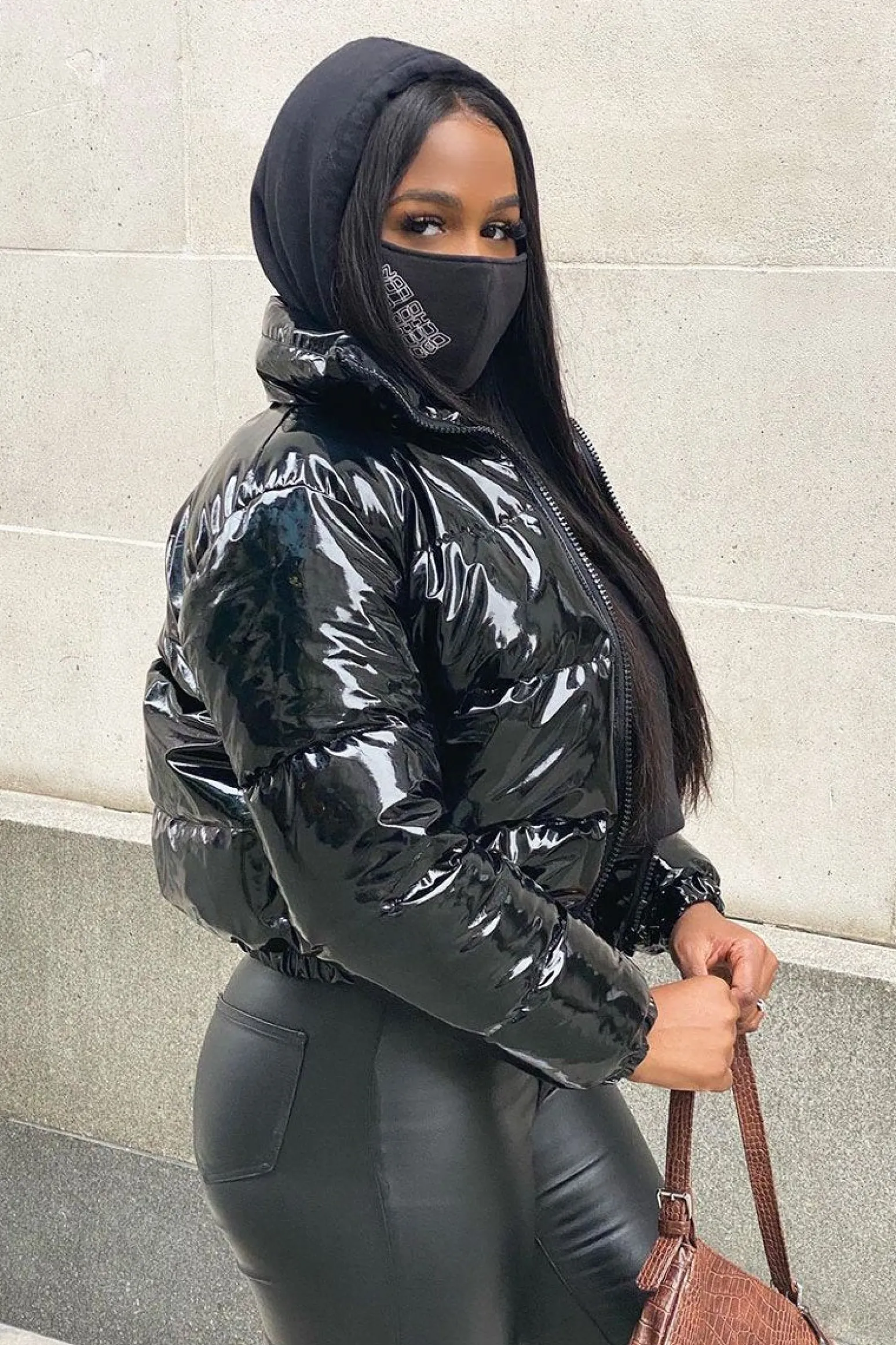 Rebellious Fashion Black Vinyl Extreme Cropped Puffer Coat - Analyn