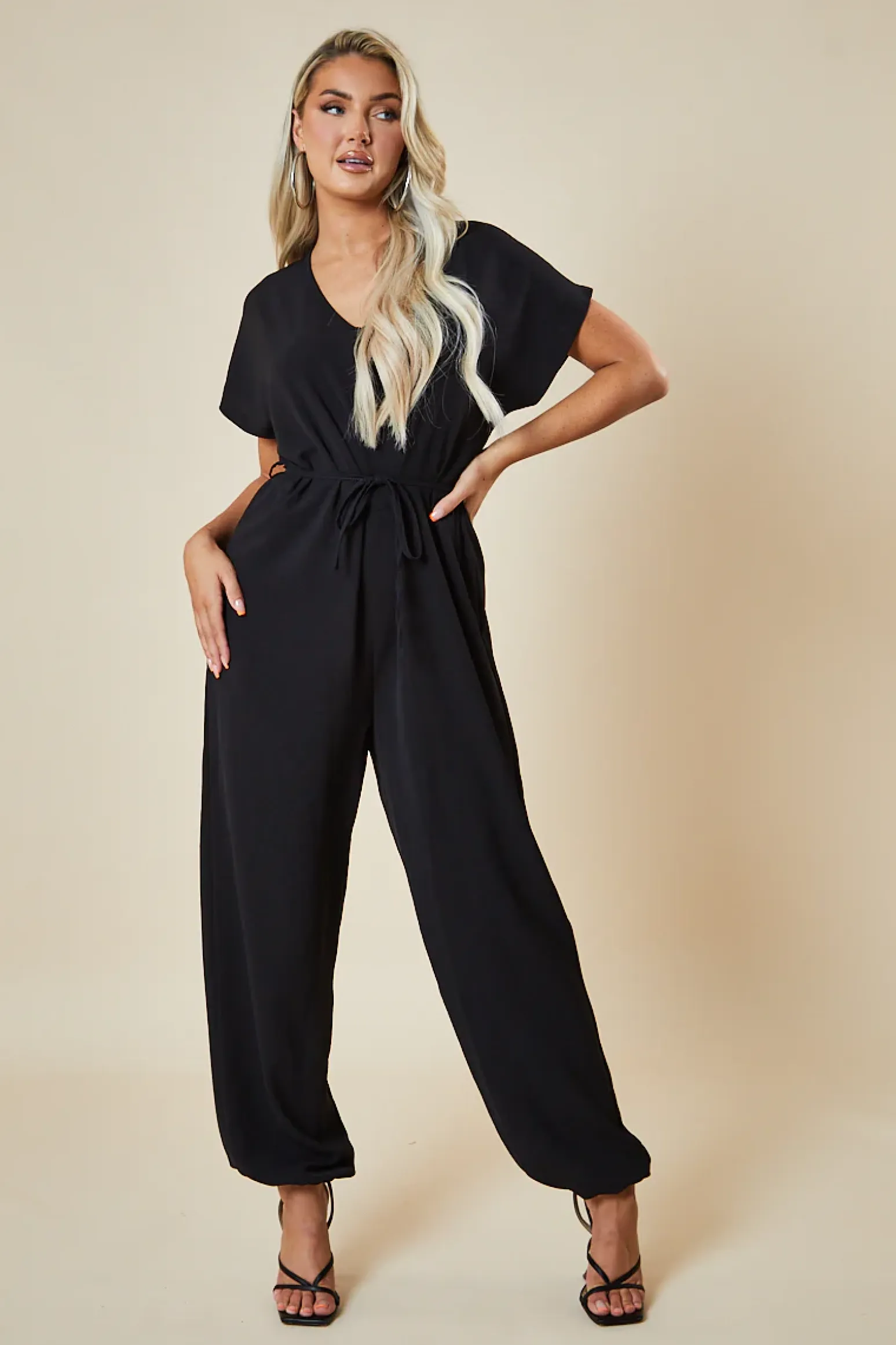 Rebellious Fashion Black V-Neck Oversized Tie Detail Jumpsuit - Sammie