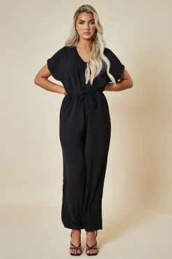 Rebellious Fashion Black V-Neck Oversized Tie Detail Jumpsuit - Sammie