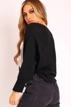 Rebellious Fashion Black Vogue Graphic Slouchy Knit Jumper - Janel