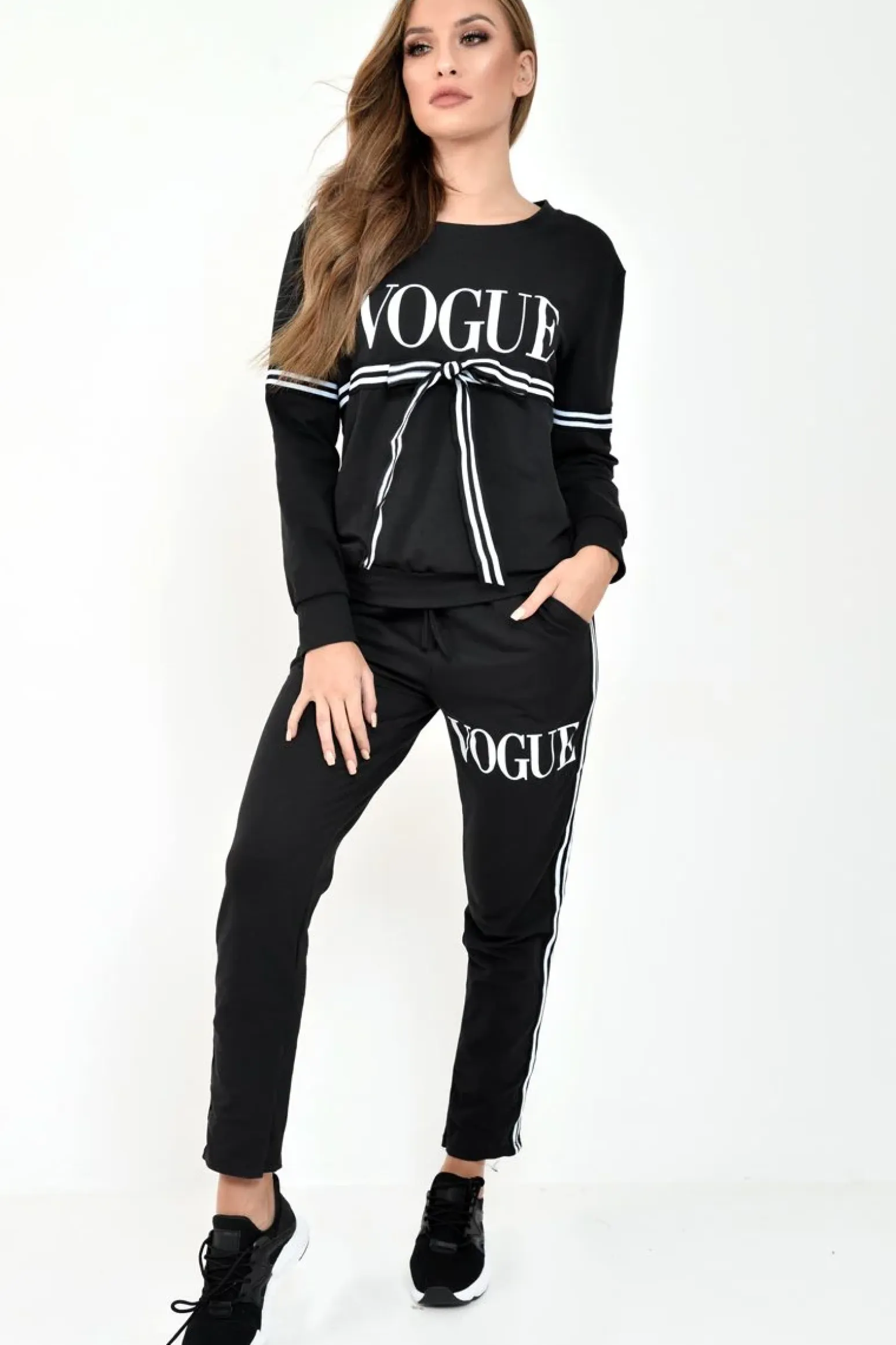 Rebellious Fashion Black Vogue Slogan Tie Front Loungewear Set - Bryana