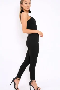 Rebellious Fashion Black V- Plunge Gold Belt Jumpsuit -Izela