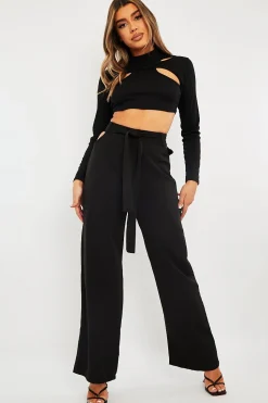 Rebellious Fashion Black Waist Cut Out Wide Leg Trousers - Adela