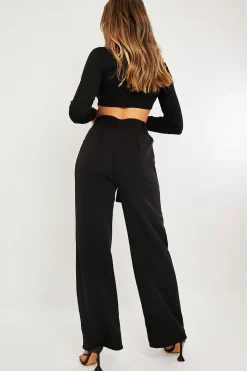 Rebellious Fashion Black Waist Cut Out Wide Leg Trousers - Adela