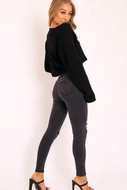 Rebellious Fashion Black Washed Denim Ripped Buckle Belted Skinny Jeans - Suzie