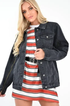 Rebellious Fashion Black Washed Oversized Longline Denim Jacket - Eryn