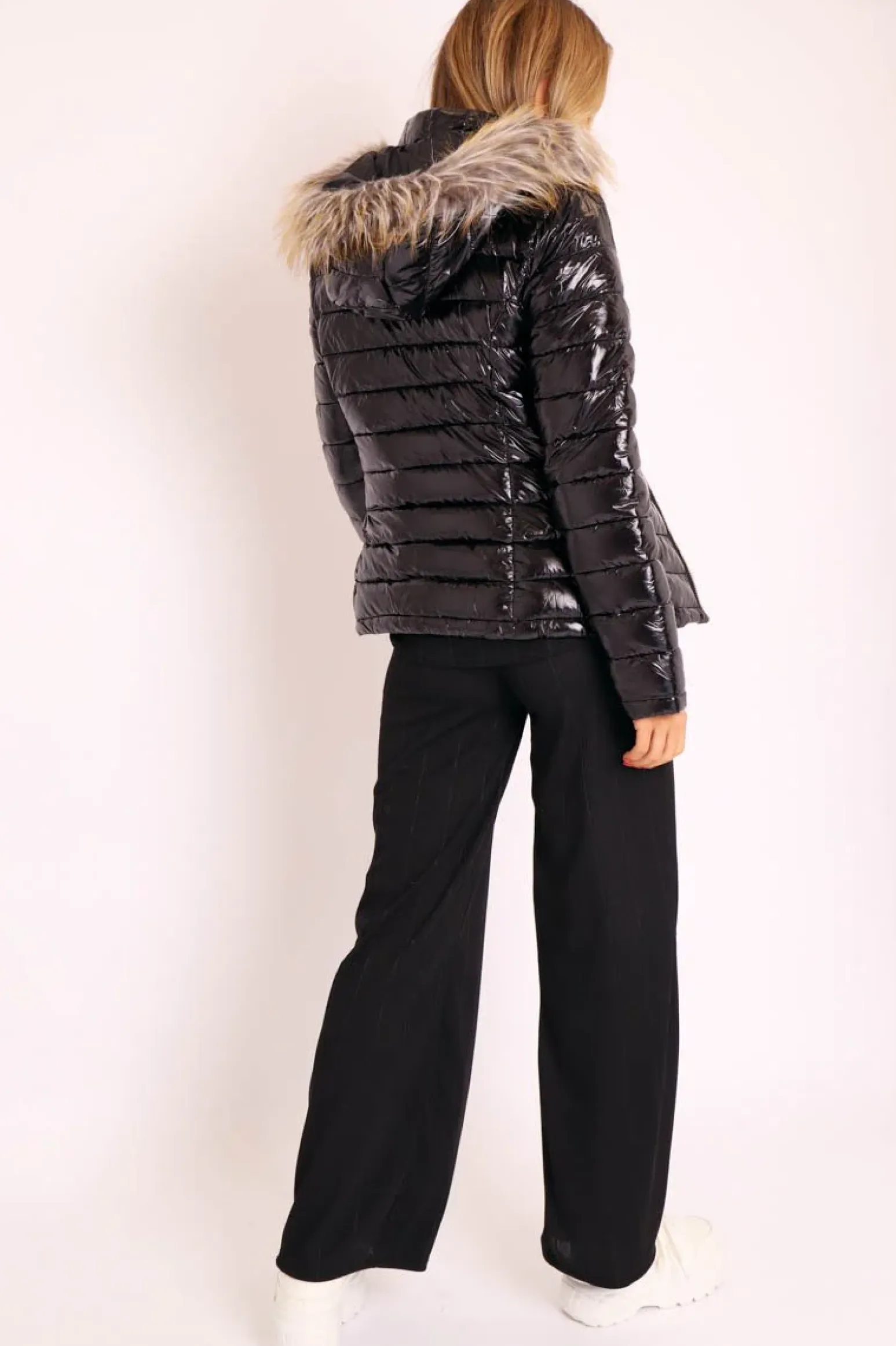 Rebellious Fashion Black Wet Look Puffer Coat - Soph