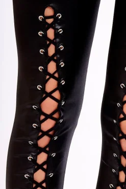 Rebellious Fashion Black Wet Look PU Lace Up Leggings - Carmen
