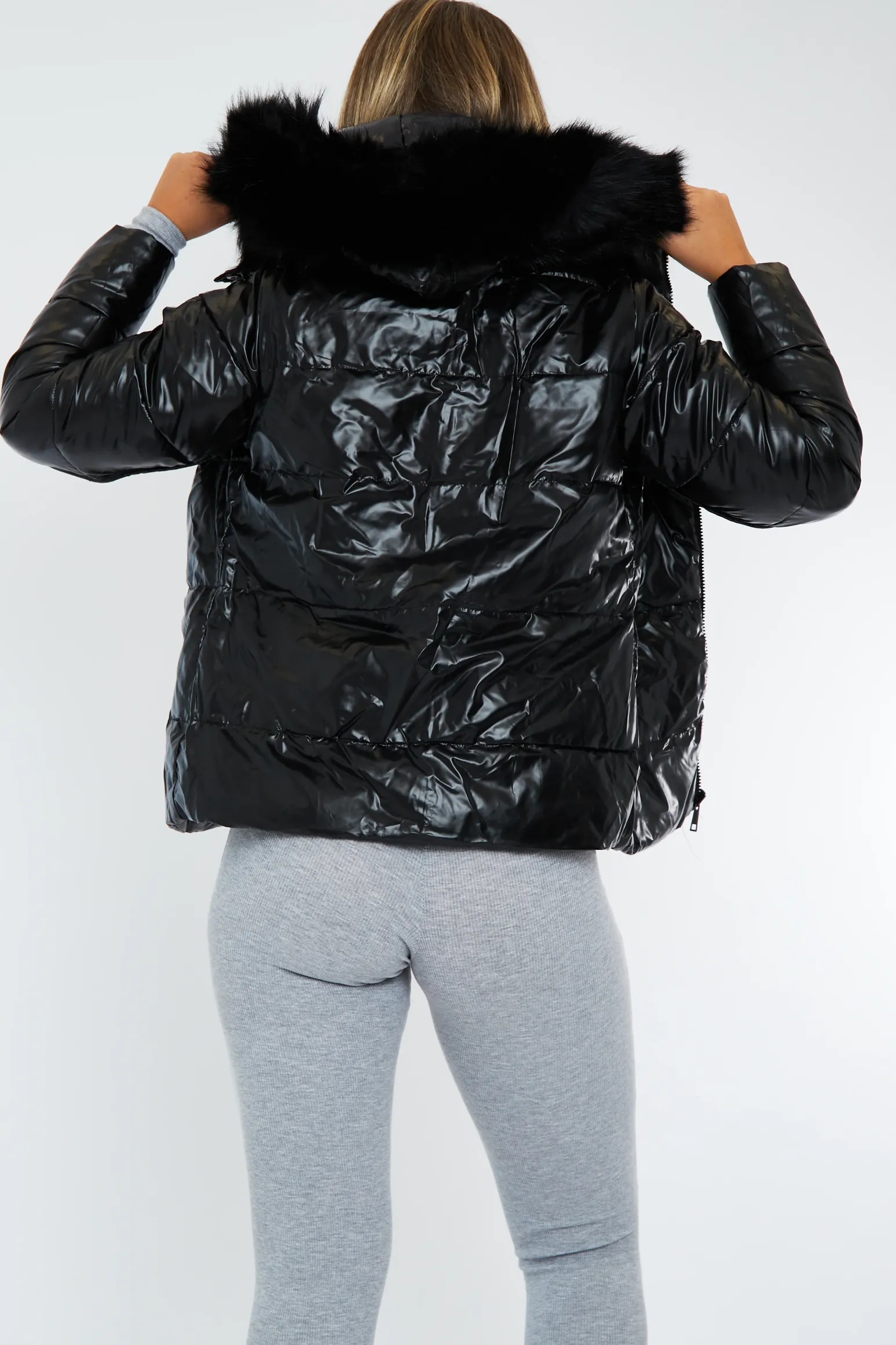 Rebellious Fashion Black Wet Look Reversible Fur Hood Puffer Jacket - Zadie