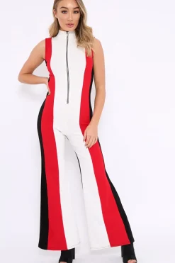 Rebellious Fashion Black White and Red Striped Zip Front Jumpsuit - Brina