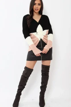 Rebellious Fashion Black White and Rose Knot Knit Jumper - Kerri
