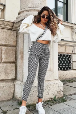 Rebellious Fashion Black White Check Button Front Skinny Leg Trousers - Simone