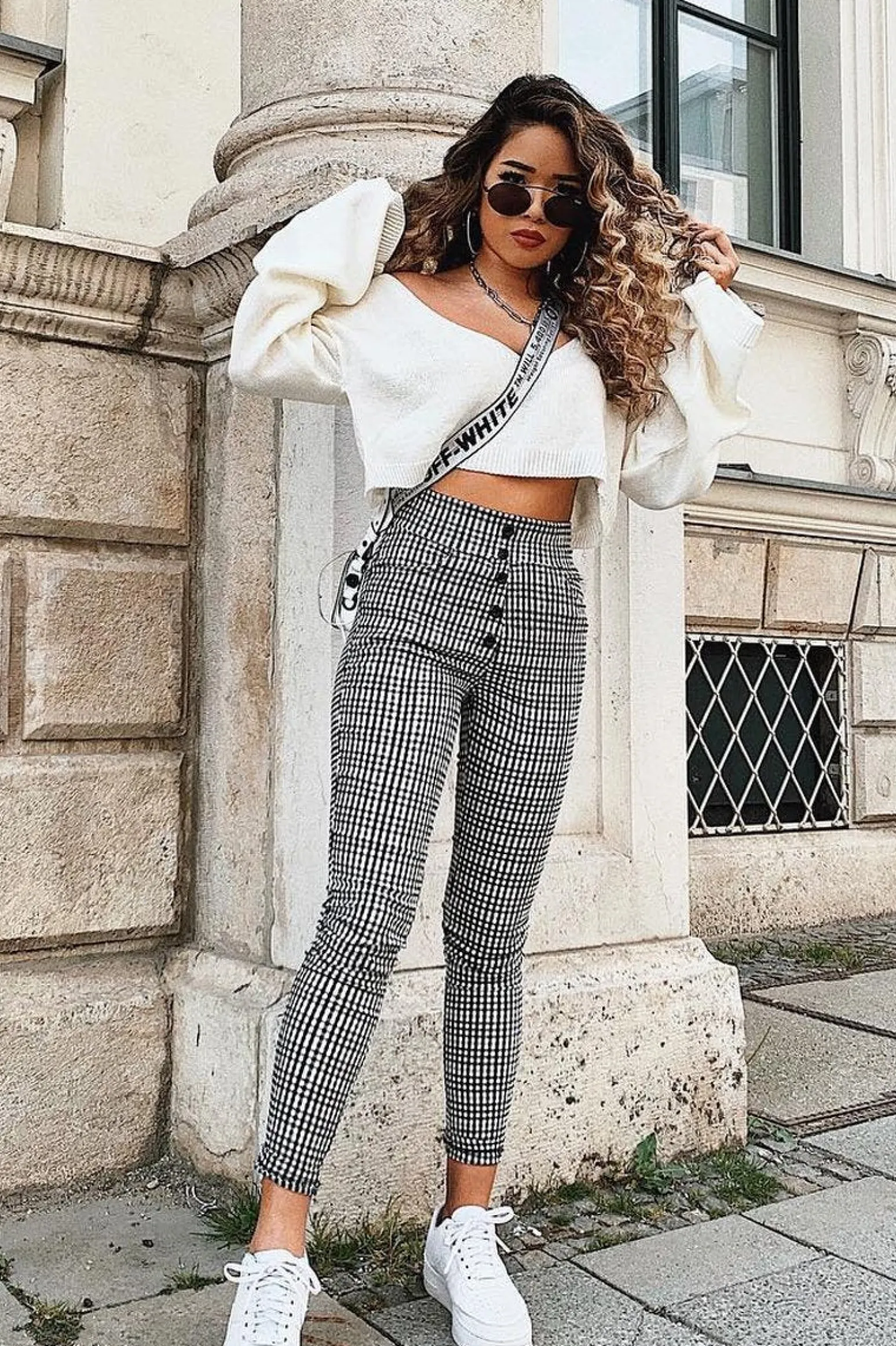 Rebellious Fashion Black White Check Button Front Skinny Leg Trousers - Simone